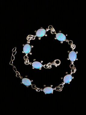 Vintage 90s Sterling Silver Synthetic Opal Link Bracelet 8” Adjustable 925 11.3g
